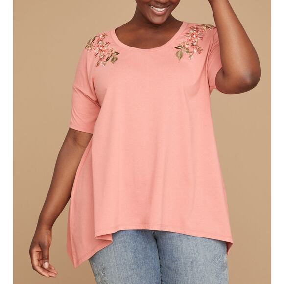 LANE BRYANT Floral Embroidered Sharkbite Hem Top Pink Womens Plus Size 18 20 - Picture 1 of 7